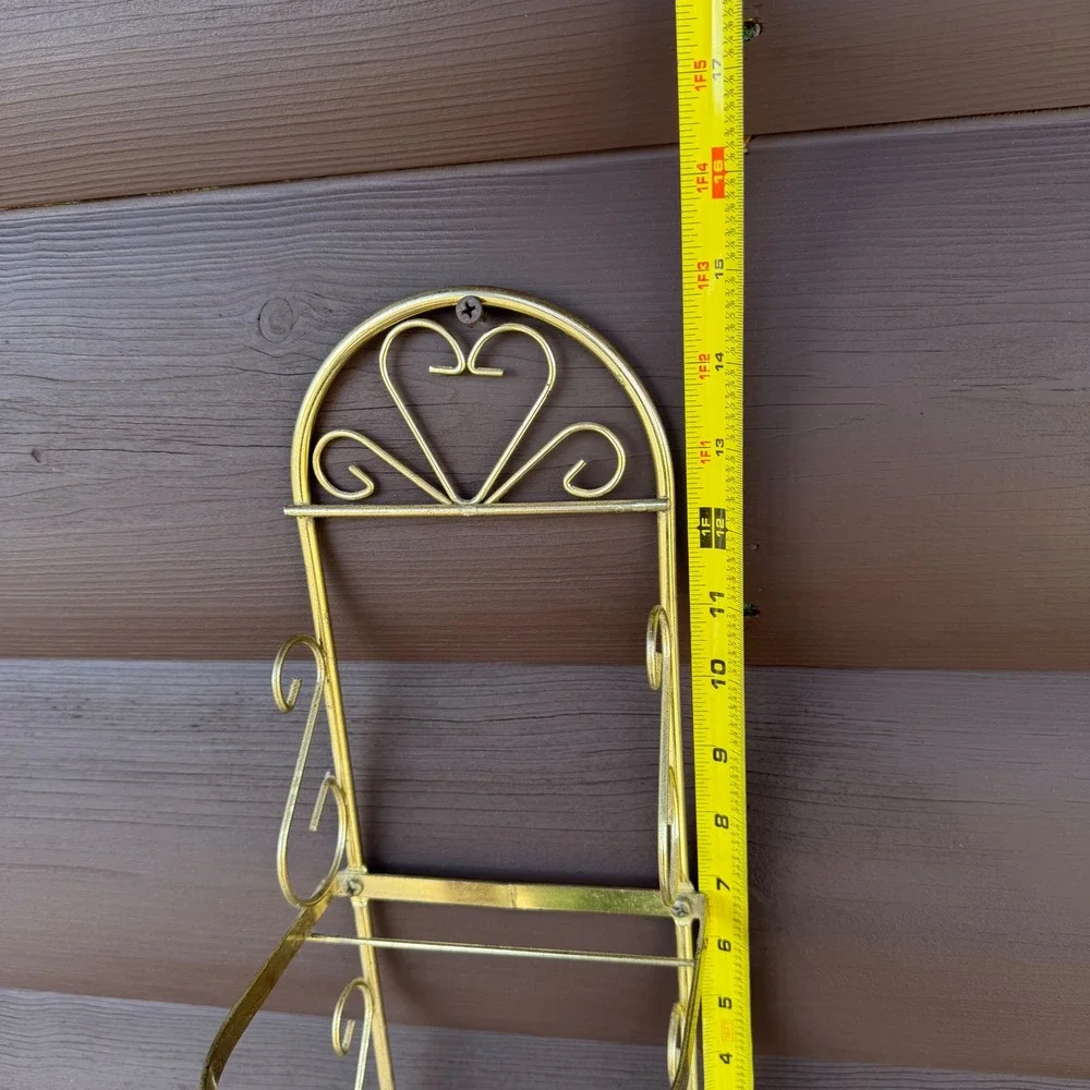 Vintage Two Tier Wall Shelf Gold Metal Heart Scrollwork Small Towel Rag Rack